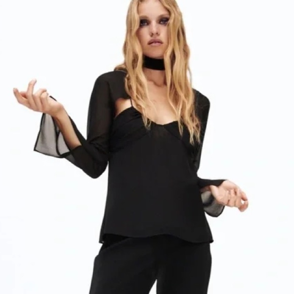 Zara Elegant Black Chiffon Sleeve Shawl And Top Set
